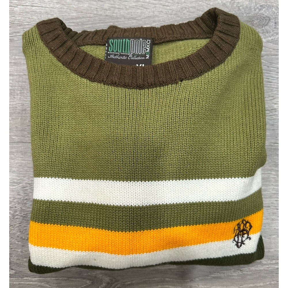 VTG Y2K SOUTHPOLE‎ Sweater Green Brown Striped 100% Acrylic Pullover Sweater - Picture 4 of 16